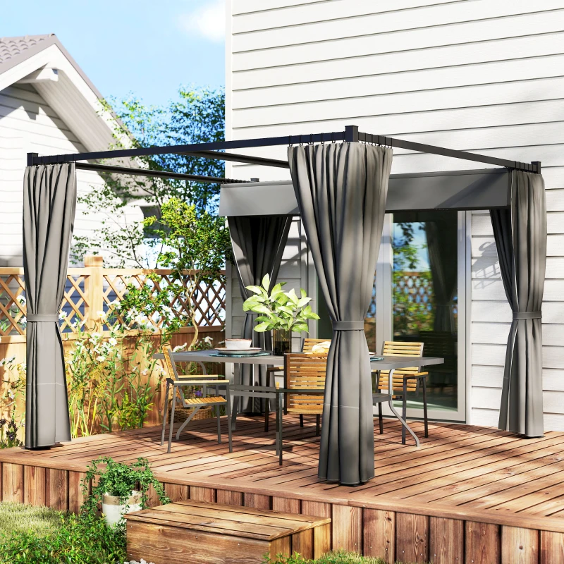 Outsunny 3 x 3(m) Retractable Pergola, Garden Gazebo Shelter with Curtains, for Grill, Patio, Deck, Charcoal Grey