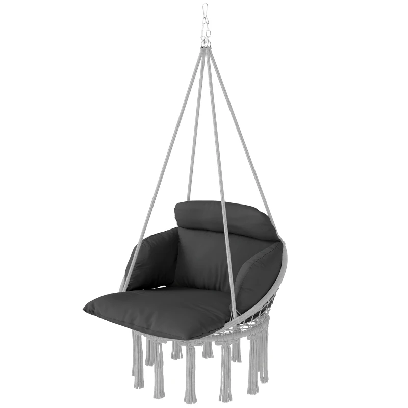 Outsunny Hanging Chair Outdoor Hammock Chair with Soft Cushion, Cotton Rope Boho Style Swing Chair, Hanging Garden Swing Seat for Indoor Outdoor, Dark Grey