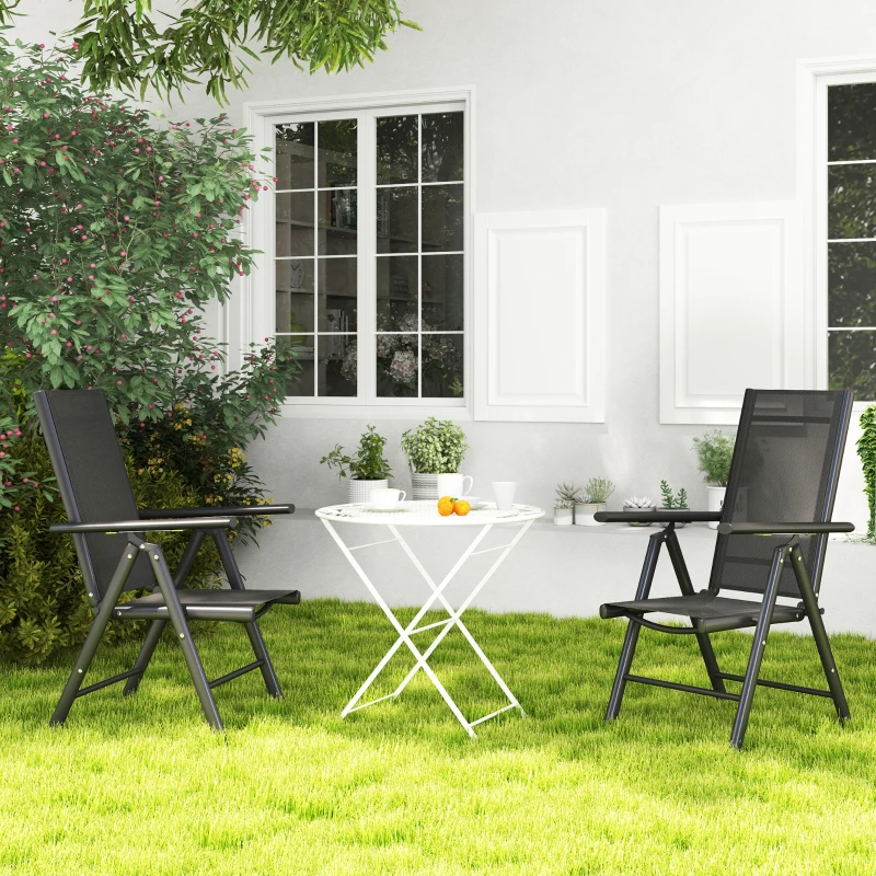 Outsunny Set of 2 Folding Garden Chairs, Aluminium Frame Outdoor Dining Chairs with Breathable Mesh Back and Seat, Garden Folding Chair Set with Armrests for Balcony, Black