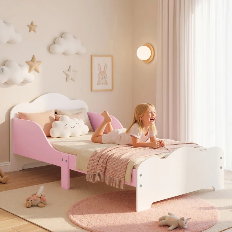 AIYAPLAY Lit enfant 70 x 140 cm, lit pour enfant avec barriere de securite et sommier à lattes en bois, rose (matelas non inclus)