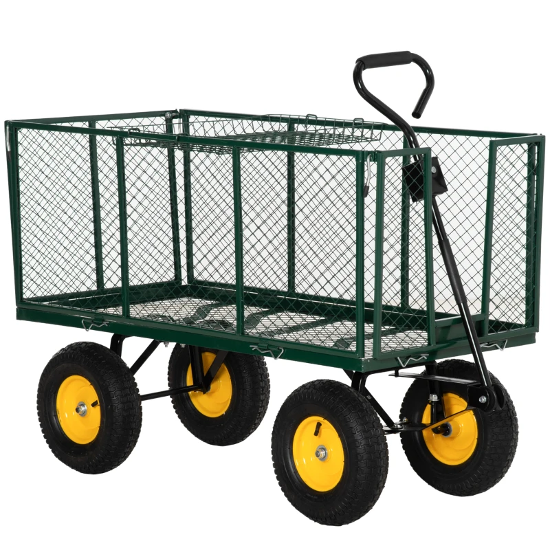 Outsunny Large 4 Wheel Heavy Duty Garden Cart Truck Trolley Wheelbarrow with Handle and Metal Frame - Green
