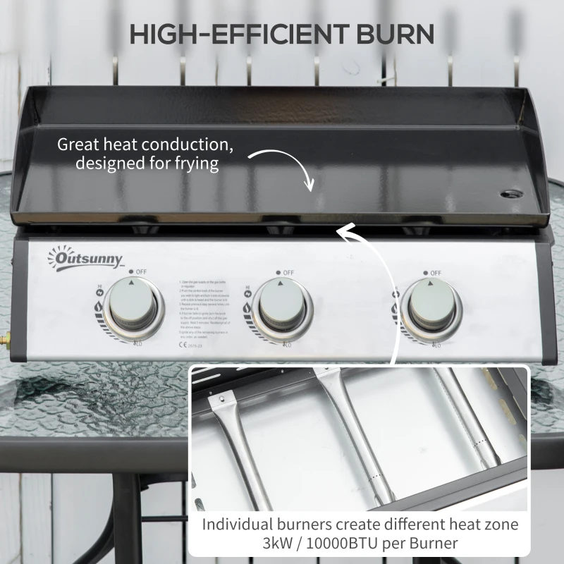 Outsunny Gas Plancha Barbecue Grill with 3 Stainless Steel Burner, 7.5kW, Portable Tabletop Gas BBQ with Non-Stick Griddle for Camping Picnic Garden Party Festival