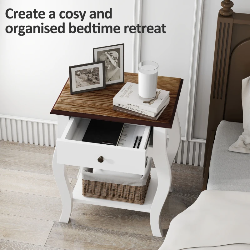 HOMCOM 2pcs Bedside Tables with Drawer, French Style Bedside Cabinets with Open Shelf for Bedroom, Living Room, White