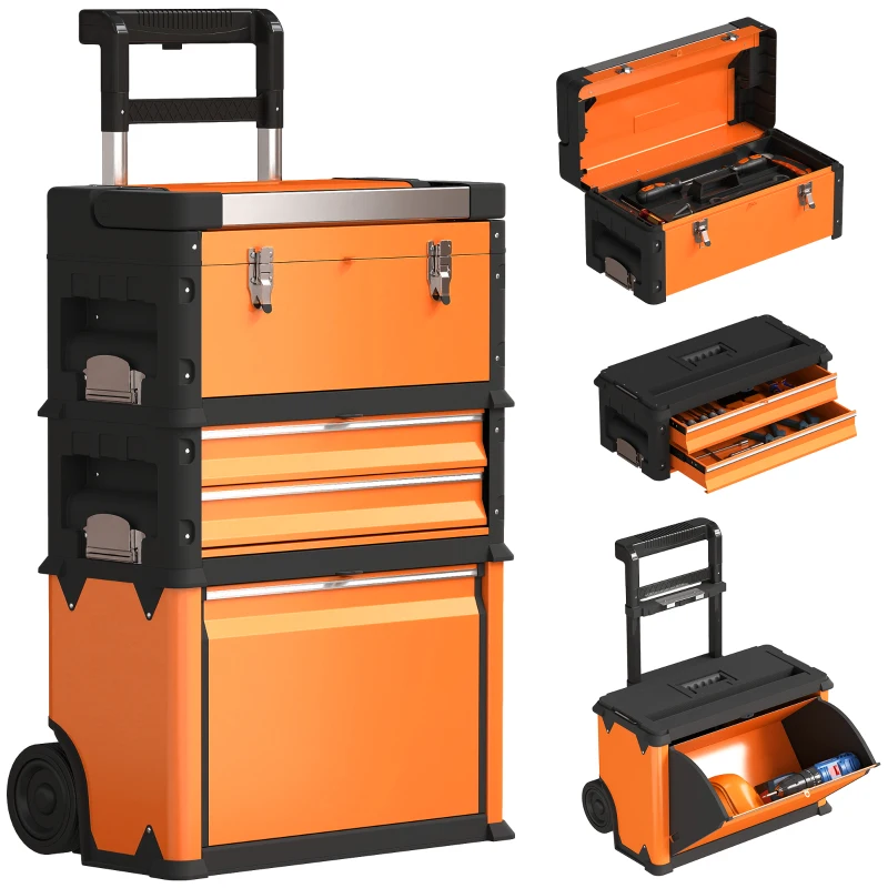 HOMCOM 3-in-1 Stackable Rolling Tool Box - Orange