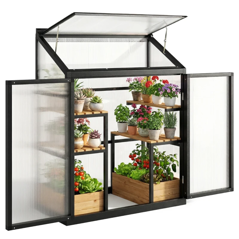 Outsunny Polycarbonate Greenhouse with Hinged Door, Top Vent, Lean-to Green House, Walk-in Greenhouse, 4 x 2ft, Black