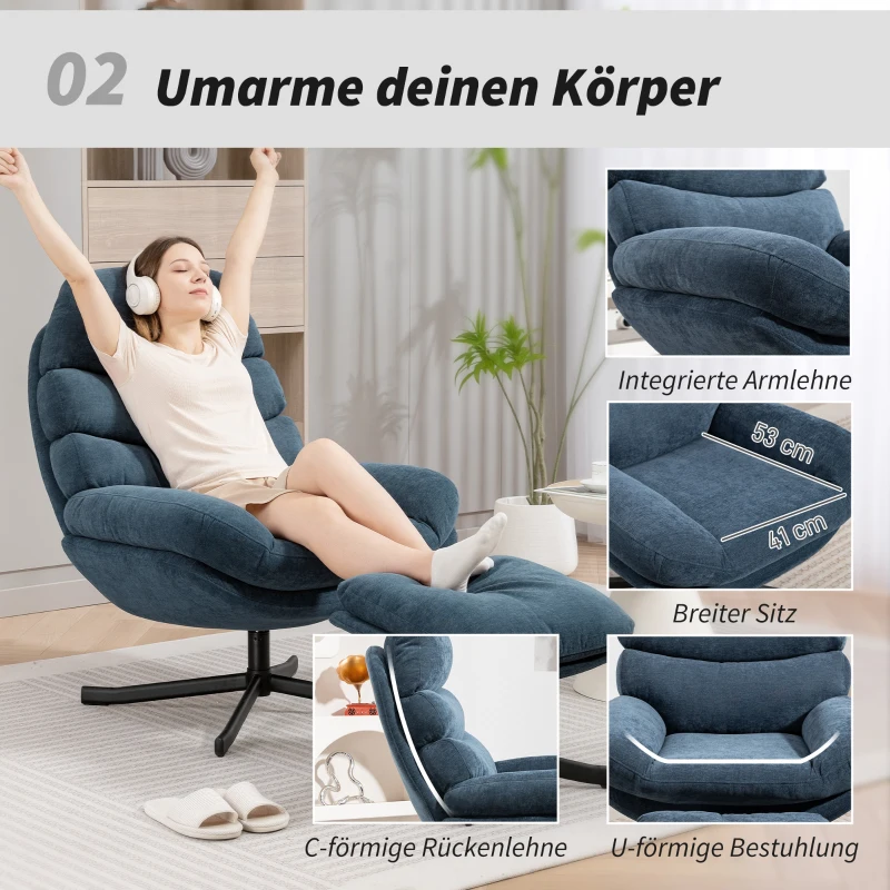 HOMCOM Relaxsessel mit Hocker Sessel Loungesessel mit Chenille-Stoff, Modern Fernsehsessel, 78 x 93 x 100 cm, Blau