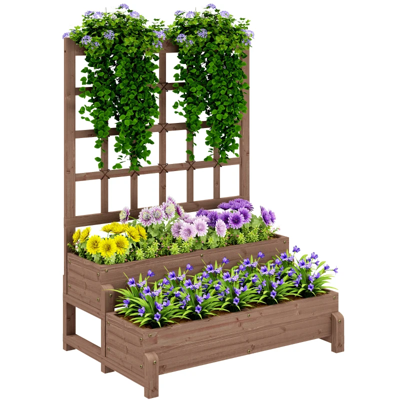 Outsunny 2-Tier Raised Garden Bed with Trellis, Wooden Elevated Planter Box with Drainage Holes, Outdoor Raised Planter for Climbing Plants, Fruits, Vegetables, Flowers, Brown
