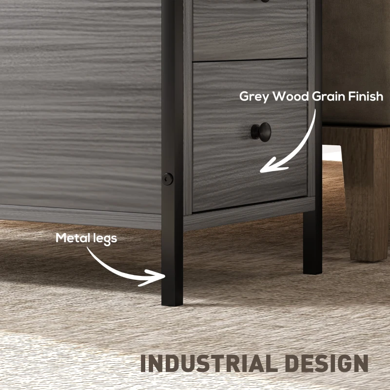 HOMCOM Side Table, Narrow Bedside Table with 2 Drawers and Storage Shelf, Industrial End Table with Metal Frame for Small Spaces, Grey Wood Grain
