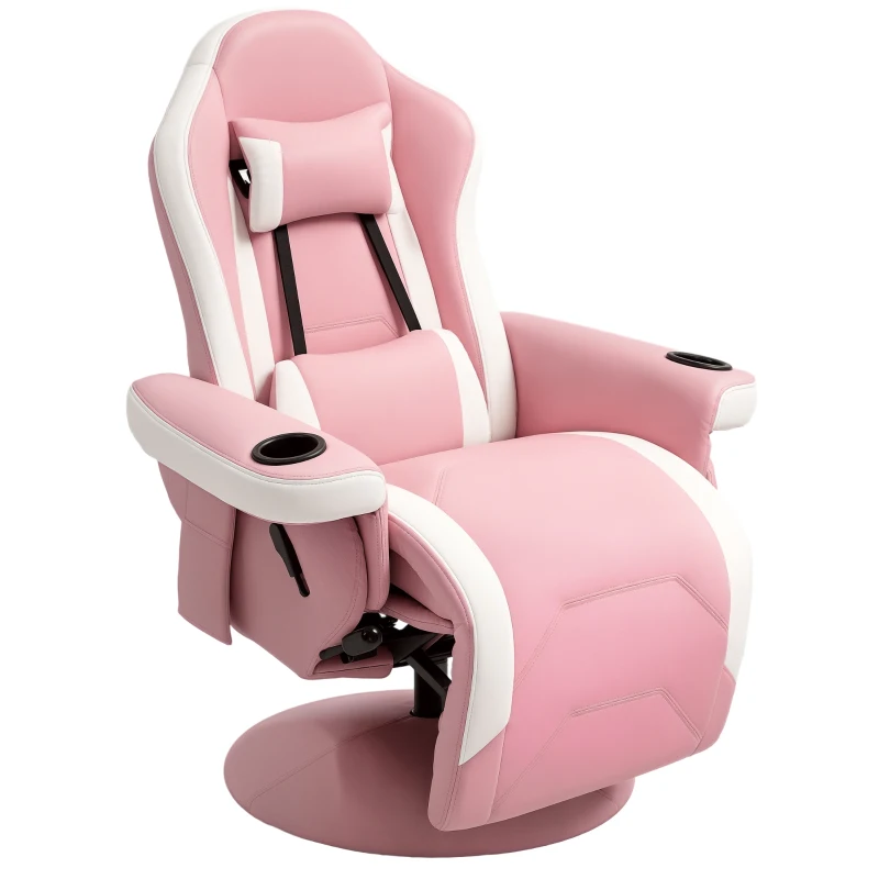 HOMCOM Manual Recliner Armchair PU Leather Lounge Chair w Adjustable Leg Rest, 135° Reclining Function, 360° Swivel, Pink