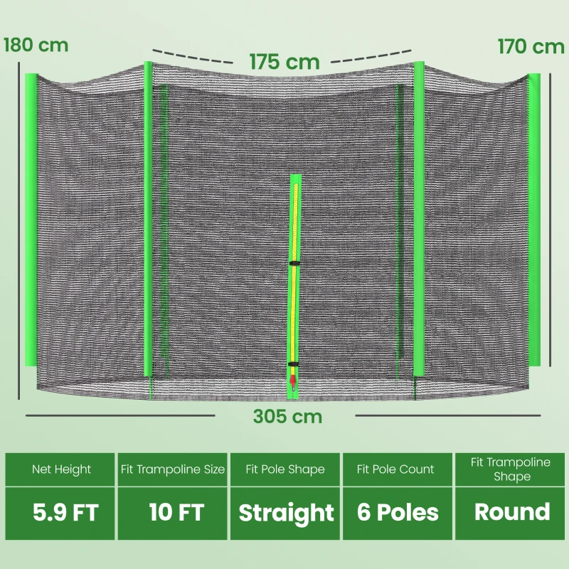 SPORTNOW 10ft Trampoline Net Replacement with 6 Plastic Pole Covers, Weather-Resistant Trampoline Netting Replacement with Zipped Entrance, Poles Not Included, Green