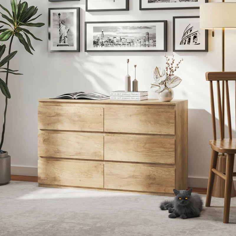 HOMCOM Cassettiera con 6 Cassetti, Mobile Contenitore Minimalista senza Maniglie, 120x39x75 cm, Rovere