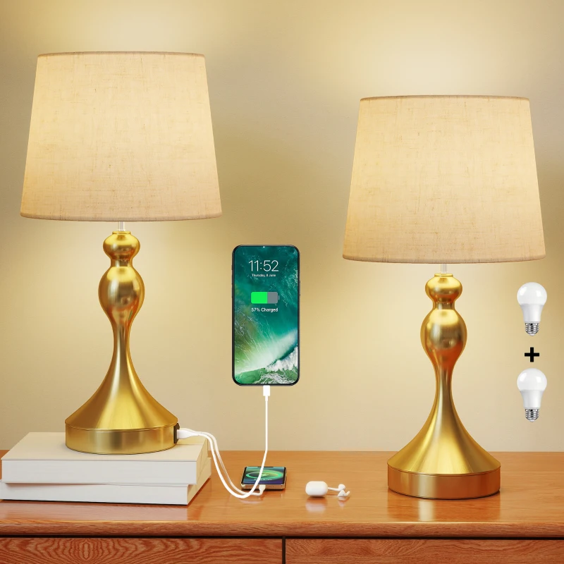 HOMCOM Dimmable Bedside Lamps Set of 2, Modern Table Lamps with 3 Colour Temperatures, USB A+C Charging Ports and Linen Shade for Living Room Bedroom Office, Gold Tone