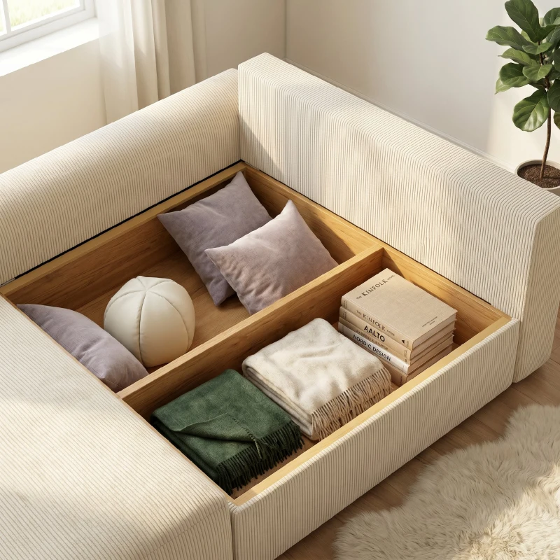 HOMCOM Sofa rozkładana 190x150 cm 3-osobowa z funkcją spania, poduszki, schowek, wygląd sztruksu do salonu, beżowa