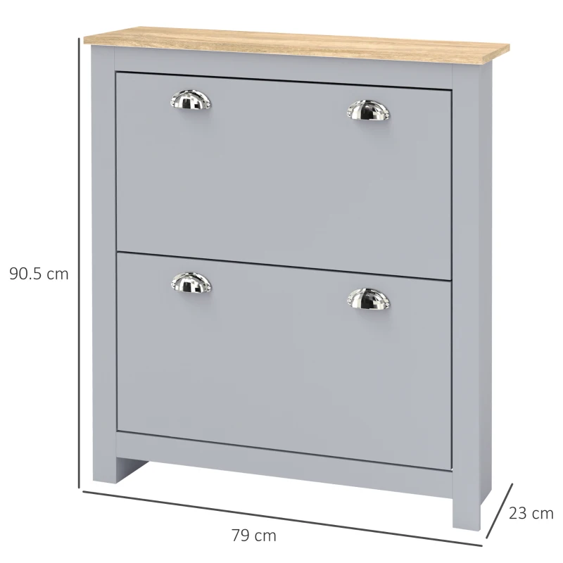 HOMCOM 2 Drawer Shoe Cabinet Modern Narrow Shoe Cupboard Hallway Wooden Storage Organiser with Flip Doors Adjustable Shelf for 6-12 Pairs, Grey