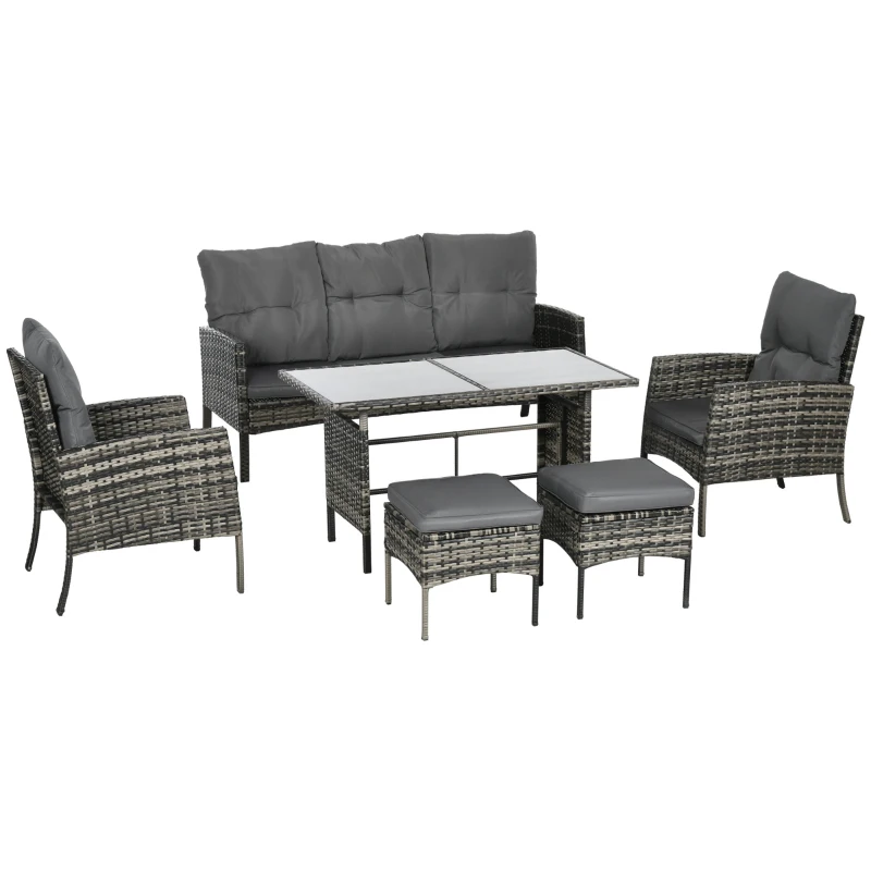 Outsunny 7 Seater Rattan Garden Furniture Set, 6 Piece Patio Dining Set, Armchairs, 3-Seater Sofa, Footstools, Glass Dining Table, Cushions, Wicker Outdoor Furniture for Conservatory Patio Mixed Grey