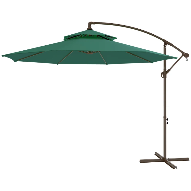 Outsunny 2.7m Garden Banana Parasol Cantilever Umbrella with Crank Handle, Double Tier Canopy and Cross Base for Outdoor, Hanging Sun Shade, Green