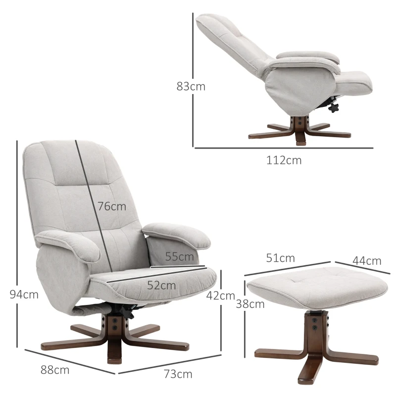 HOMCOM Linen Swivel Recliner Chair with Footstool, Upholstered Reclining Armchair with Wooden Base for Living Room, Light Grey