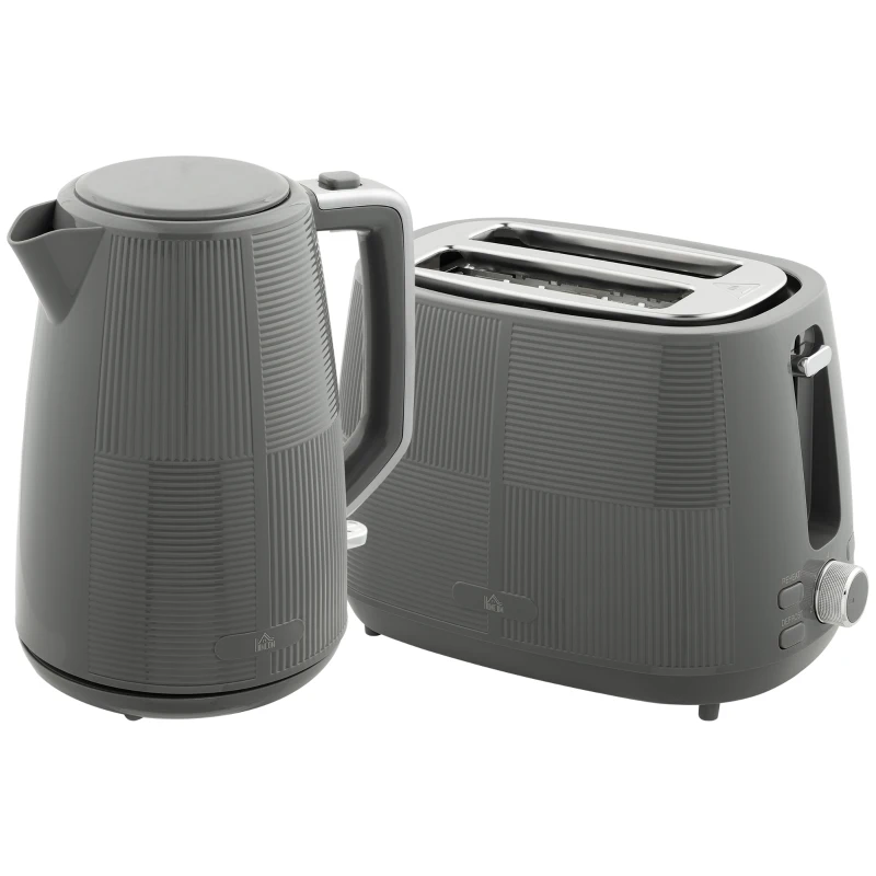 HOMCOM Kettle and Toaster Set, 1.7L 3000W Fast Boil Kettle & 2 Slice Toaster Kitchen Set with 7 Level Browning Controls, Defrost, Reheat, Boil-dry Protection, Grey