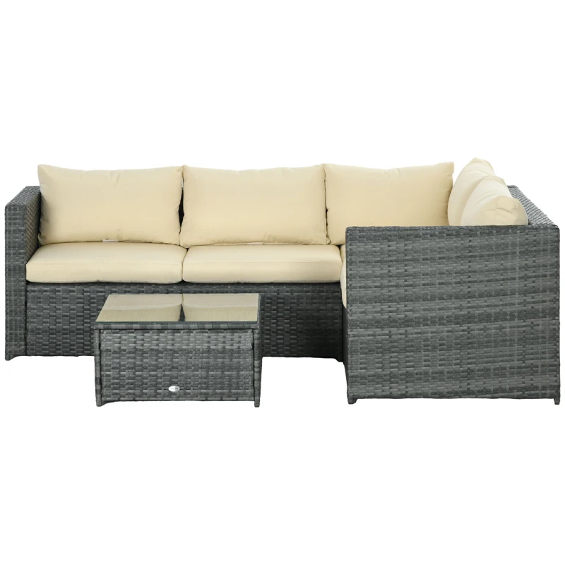 Outsunny 3 Pieces PE Rattan Garden Furniture Set with 10 cm Thick Cushions, 4 Seater Garden Corner Sofa Set with Glass Top Coffee Table, Outdoor Furniture for Patio, Porch, Beige