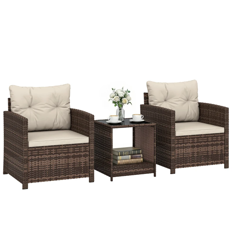 Outsunny Rattan Bistro Set, 3 Piece Garden Furniture Set with 2 Tier Glass Top Table and Cushions, Mixed Brown