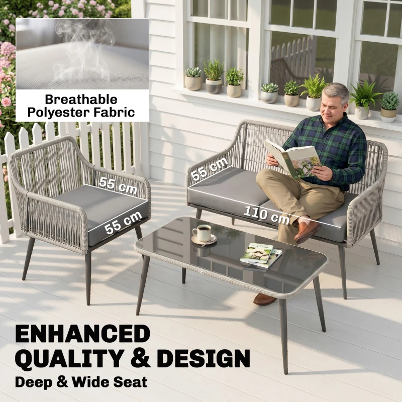 Outsunny Rattan Garden Furniture Set, 4 Piece Outdoor Patio Furniture with Tempered Glass Table and Chairs, Indoor Balcony Conservatory Set