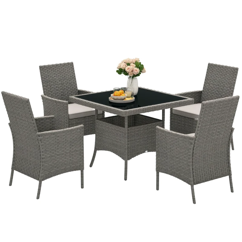 Outsunny Rattan Garden Furniture Set, Outdoor Dining Table and Chairs 4 Seater with Cushions, Square Tempered Glass Top, 4 Armchairs, for Balcony, Terrace, Conservatory, Grey