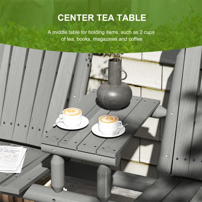 Outsunny Wood Patio Chair Bench 2 Seats w/ Centre Coffee Table, Garden Bench, Grey