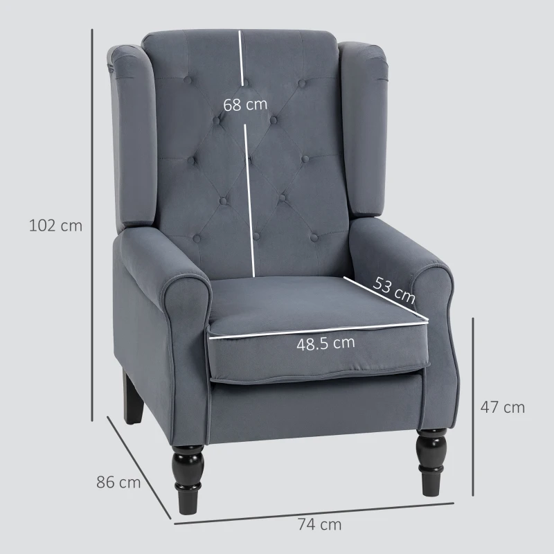 HOMCOM Wingback Accent Chair, Retro Upholstered Button Tufted Occasional Chair for Living Room and Bedroom, Grey