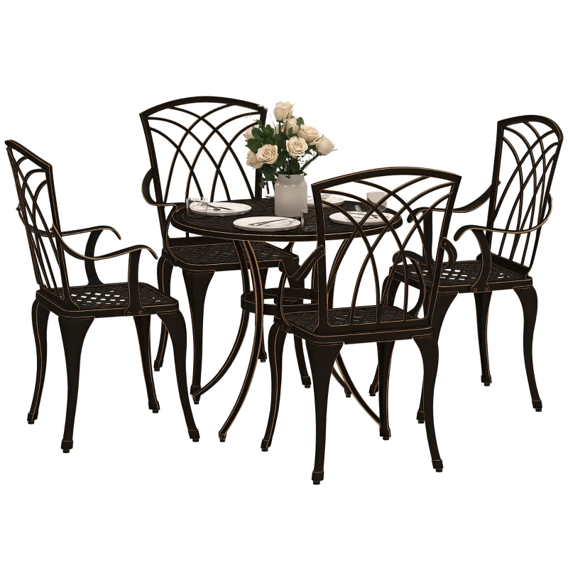 Outsunny 5 Pieces Garden Dining Set for 4, Cast Aluminium Outdoor Dining Set with 4 Armchairs and Round Dining Table with Parasol Hole, Garden Furniture Bistro Set, Bronze Tone