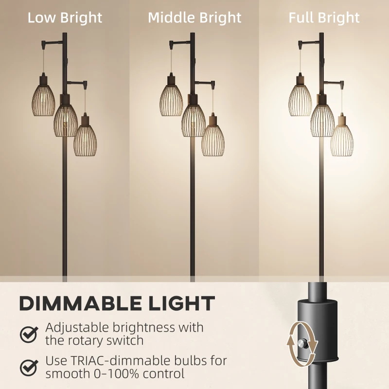 HOMCOM 3-Light LED Floor Lamp, 170cm Industrial Dimmable Standing Lamp with Steel Wire Cage Lampshades, 2700K for Living Room, Bedroom, Dining Room, Study, Black