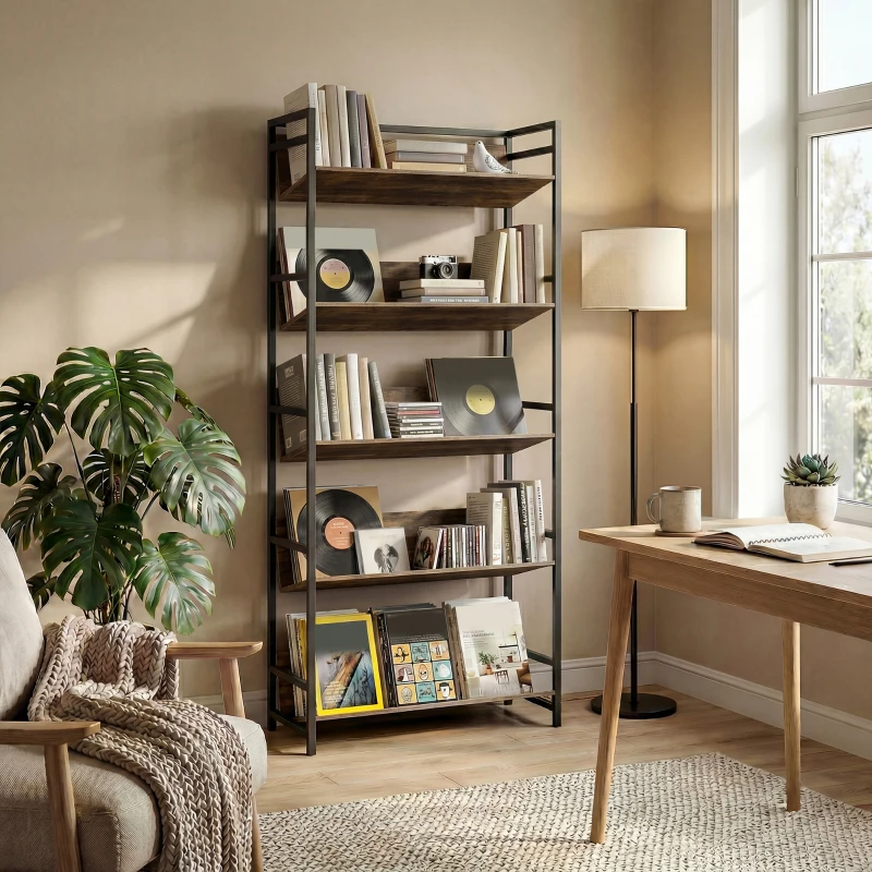 HOMCOM Bookshelf 5-Tier Metal Frame Bookcase Storage Shelves for Living Room Rustic Brown