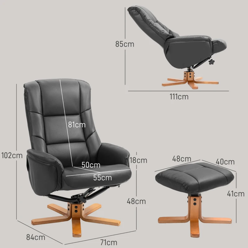 HOMCOM Rocking Recliner Chair with Footstool, PU Leather Recliner Armchair with Wood Base, Upholstered Reclining Chair for Living Room Bedroom, Black