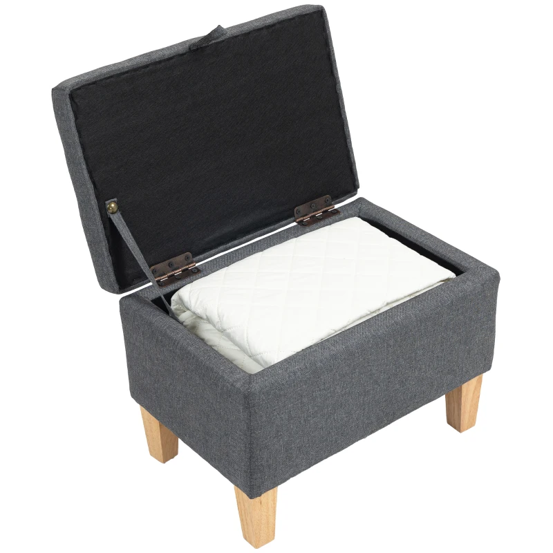 HOMCOM 16L Linen Storage Ottoman Padded Footstool with Rubberwood Legs for Storage Box, Bed End, Shoe Bench, Seating, Charcoal Grey