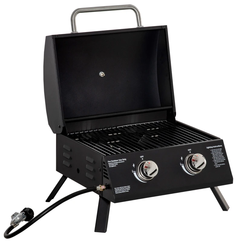 Outsunny 2 Burner Gas BBQ Grill Outdoor Portable Folding Tabletop Barbecue w/ Lid, Thermometer, Carbon Steel, Black