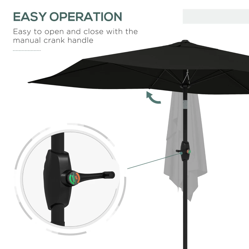Outsunny 3 x 2 m Garden Parasol Umbrella with Aluminium Pole, UPF 50+ Rectangular Outdoor Table Parasol Sun Shade with Crank & Push Button Tilt, Metal Ribs, Black