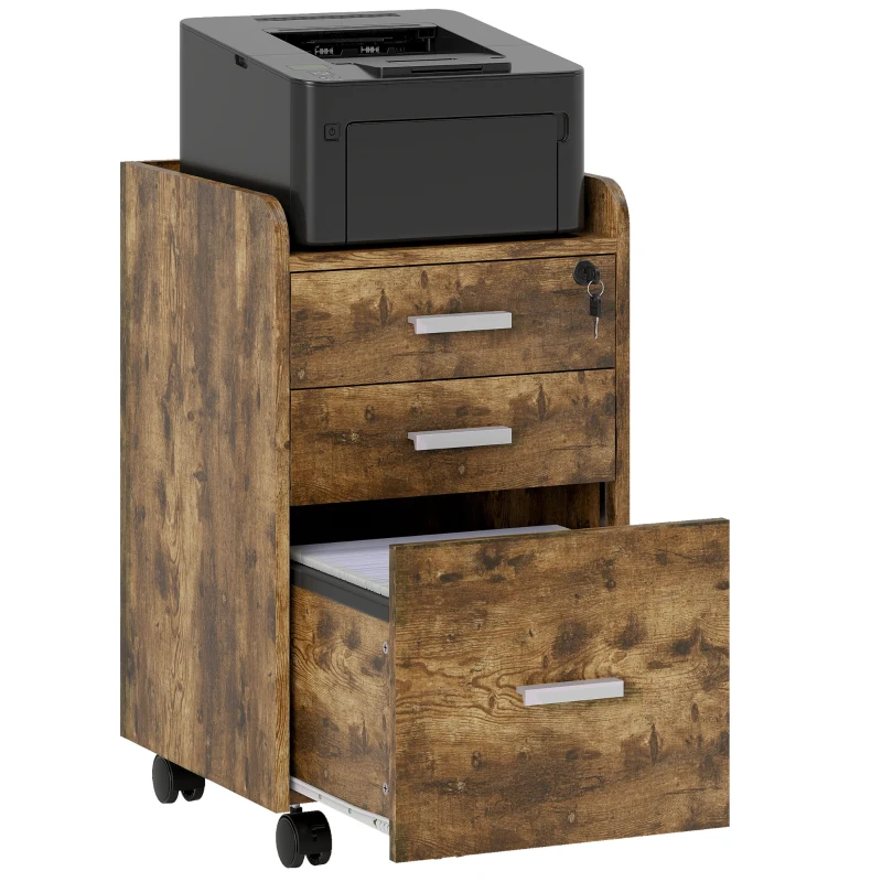 HOMCOM 3 Drawer Filing Cabinet with Lock, Rolling File Cabinet with Edged Top for Letter, A4 Size, Hanging File Folders