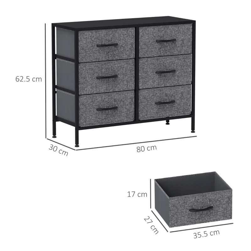 HOMCOM Fabric Chest of Drawers, Industrial Bedroom Dresser with 6 Fabric Drawers, Steel Frame and Wooden Top for Nursery, Living Room, Hallway, Black