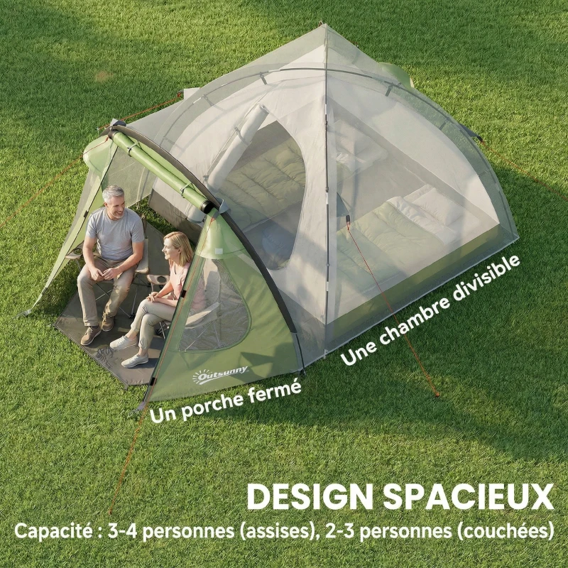 Outsunny Tente de Camping pour 4 Personnes, 2 Chambres, Fenêtres et Portes, Tapis de Sol, Crochet au Plafond, 323x248x150cm, Vert
