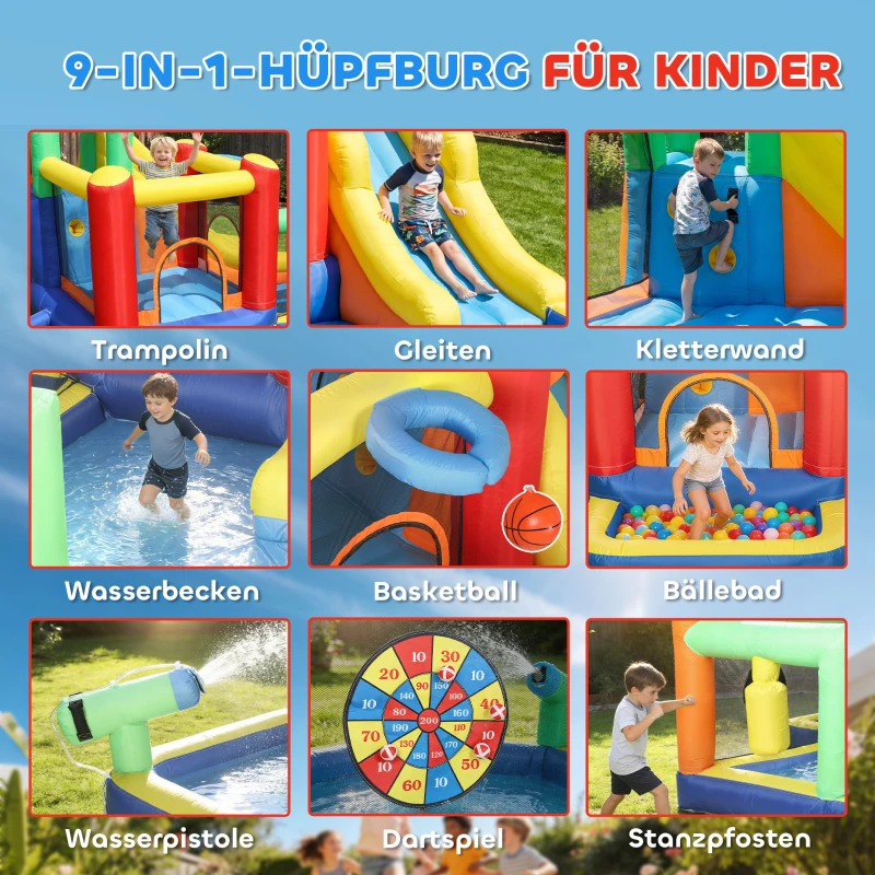 AIYAPLAY 9-in-1 Hüpfburg mit Gebläse Sicherheitsnetz belastbar bis 120kg für 3-8 Jahre 330x290x185 cm Mehrfarbig