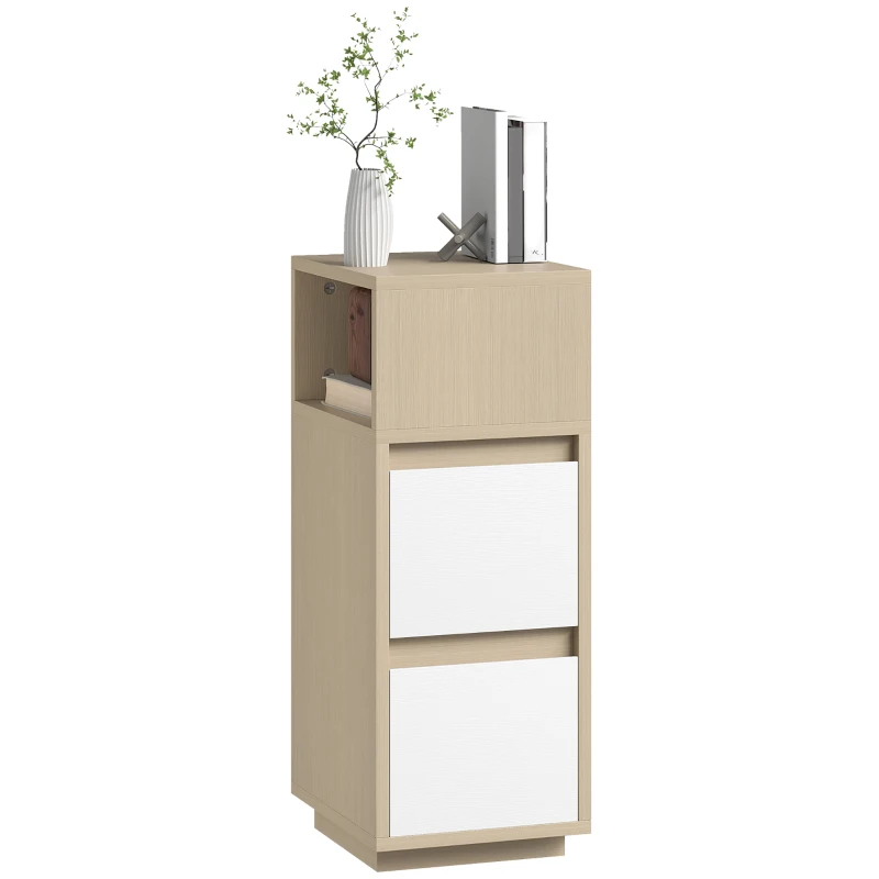 HOMCOM Slim Bedside Table, Narrow Bedside Cabinet with Open Shelf and 2 Drawers for Bedroom, Living Room, Natural Wood Finish