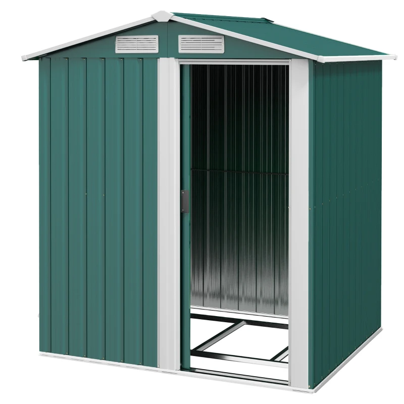Outsunny Garden Metal Tool Storage Shed with Sliding Door, Sloped Roof and Floor Foundation, 152 x 132 x 188cm, Green