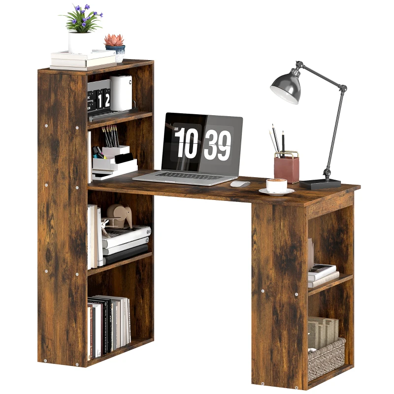 HOMCOM 120cm Computer Desk, Wooden PC Laptop Table with 6-Tier Storage Bookshelves, Home Office Working Study Desk, Writing Workstation, Rustic Brown Wood-Effect
