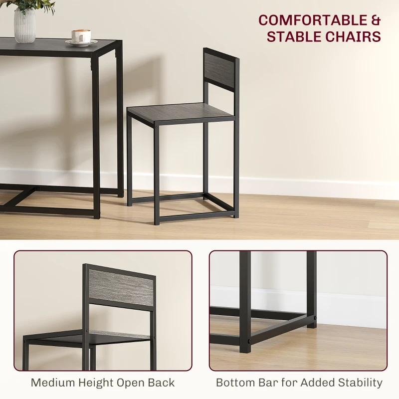 HOMCOM Dining Table and Chairs Set 2, Dining Room Sets, Rectangular Space Saving Table and 2 Chairs for Compact Kitchens, Steel Frame, Grey Wood-Effect