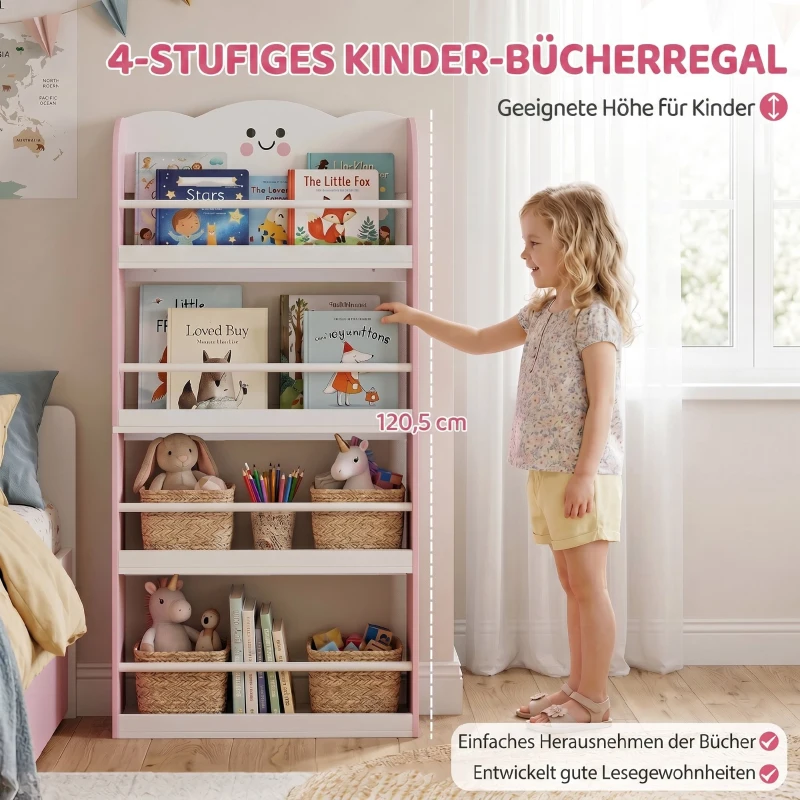 AIYAPLAY Kinderbücherregal mit 4 Etagen, Wandmontiertes Bücherregal für Kinderzimmer, Spielzimmer, Wohnzimmer, Rosa