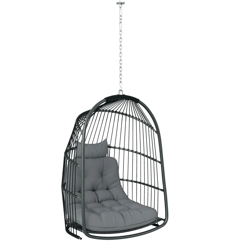 Outsunny Hanging Egg Chair, Foldable Rattan Garden Swing Chair with Installation Kit, Thickened Cushion and Headrest, Indoor Outdoor Hanging Egg Basket Seat for Patio, Porch, Dark Grey