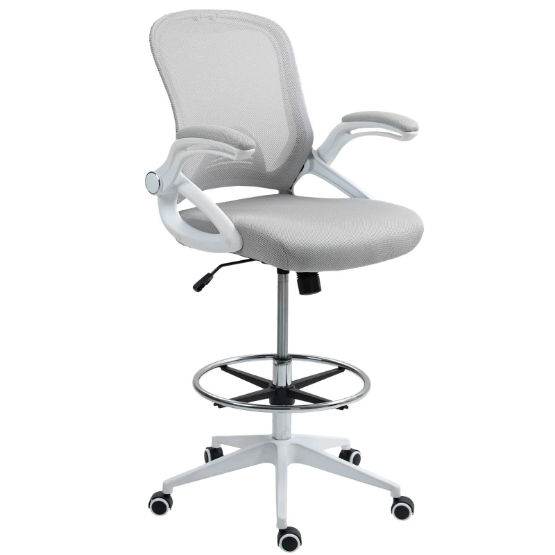 Vinsetto Drafting Chair with Flip-up Armrest, Mesh Office Stool with Foot Ring, 360 Degree Swivel Height Adjustable Chair for Standing Desk, Light Grey