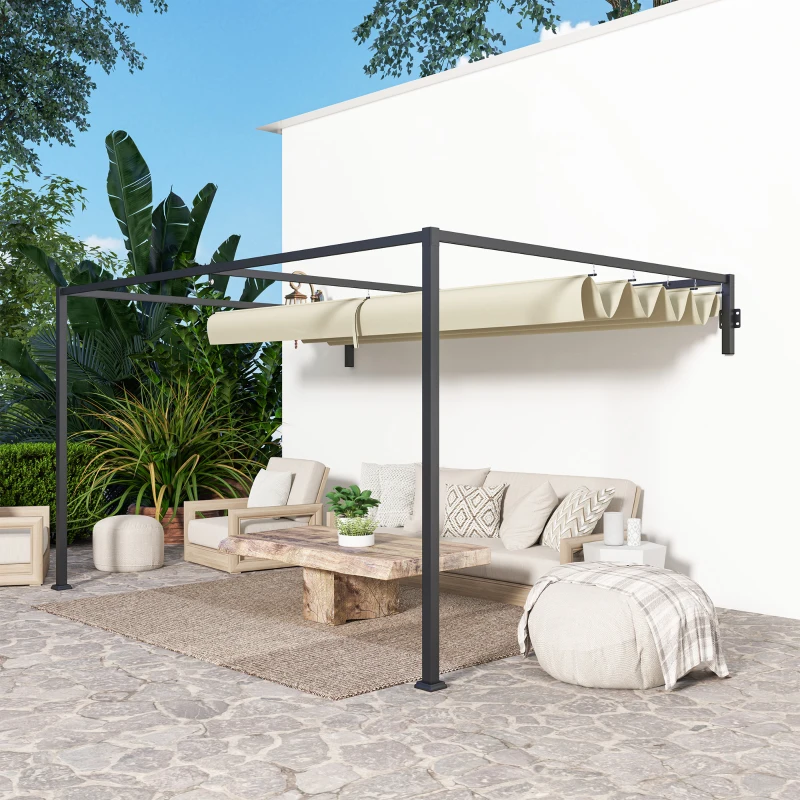 Outsunny 3 x 4m Steel Pergola, with Retractable Canopy - Khaki