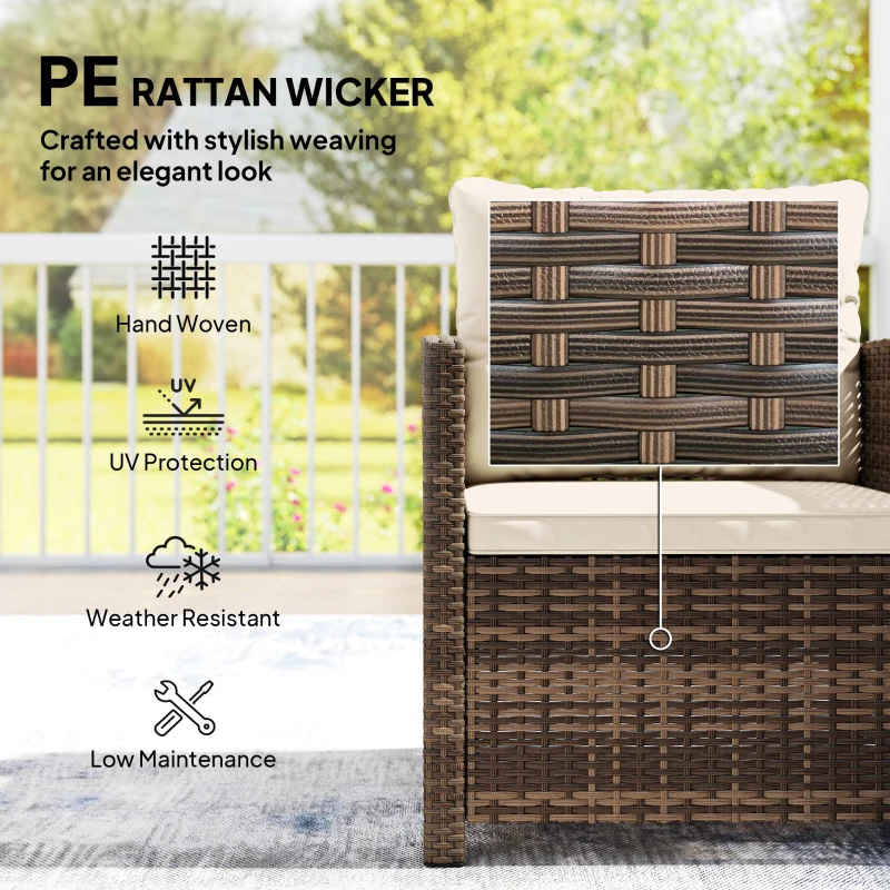 Outsunny Rattan Bistro Set, 3 Piece Garden Furniture Set with 2 Tier Glass Top Table and Cushions, Mixed Brown