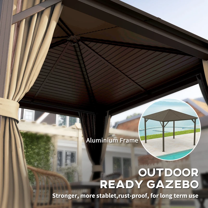 Outsunny 3 x 3(m) Metal Hardtop Gazebo, with Curtains and Accessories - Brown