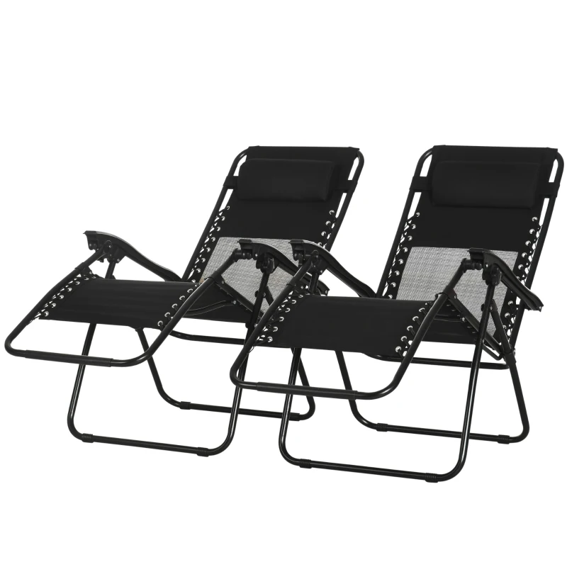 Outsunny Garden Recliner Chairs Set of 2, Outdoor Foldable Zero Gravity Chairs Set w/ Footstool and Detachable Headrest, Black